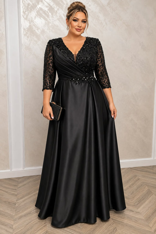 Rochia Lucia – Rochie lunga din satin cu dantela paietata si slit elegant pe picior
