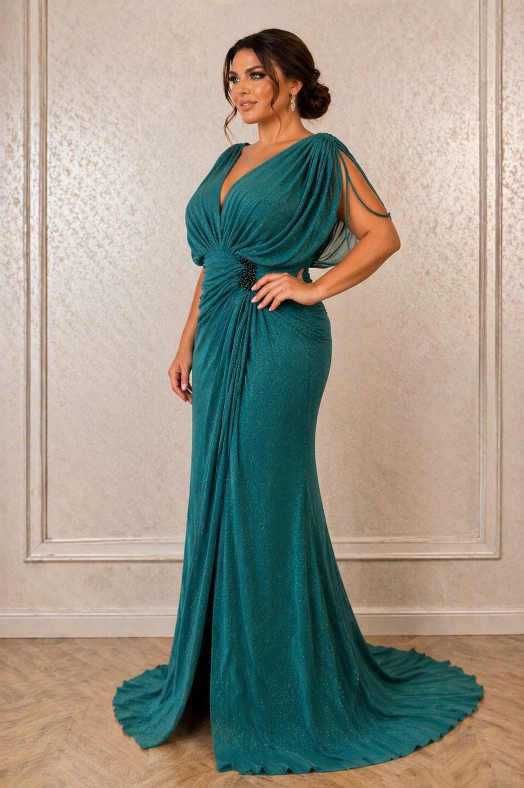 Rochia Bali – Rochie lunga eleganta din lurex pentru marimi mari,  drapaje cu efect de subtiere