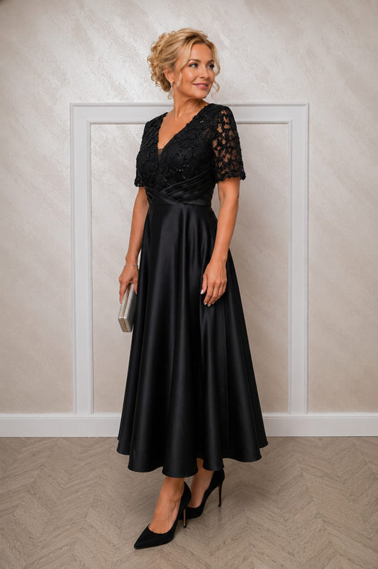 Rochia Luana Midi - Rochie din satin si dantela lungime midi pentru masuri medii si plus size