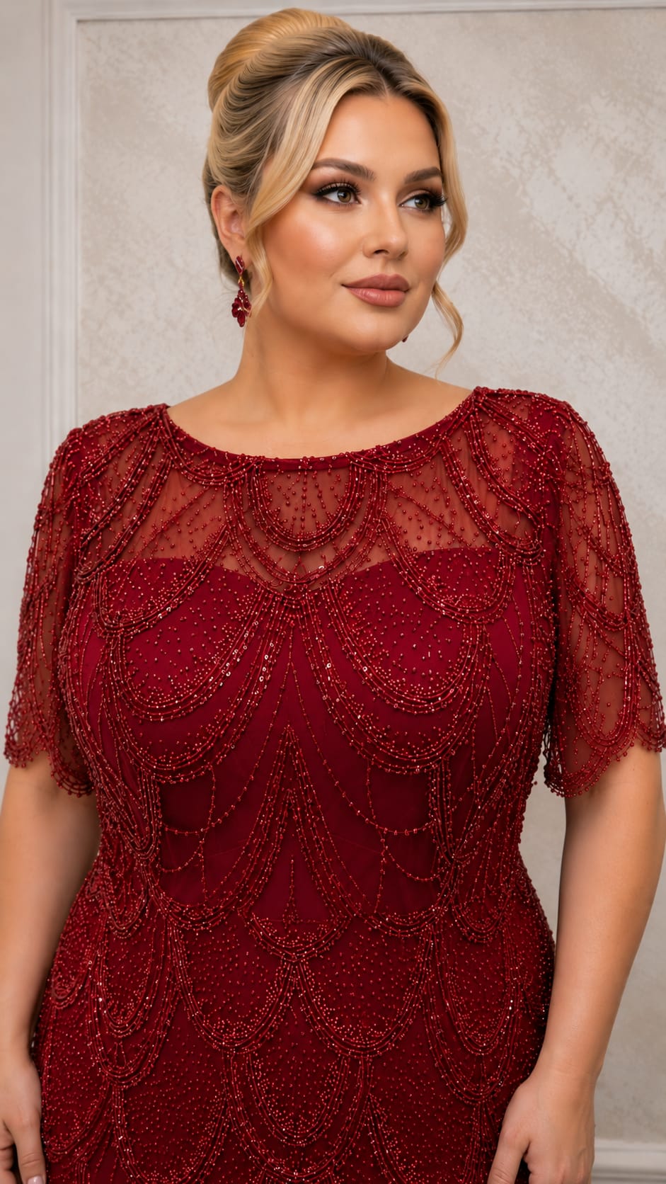 Rochia Ester – Rochie de seara lunga cu maneci 3/4 si dantela cu perle pentru marimi mari
