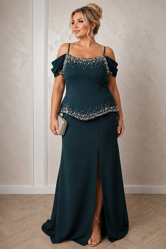 Rochia Emerald Pearl – rochie lunga eleganta verde smarald cu aplicatii premium din perle si cristale