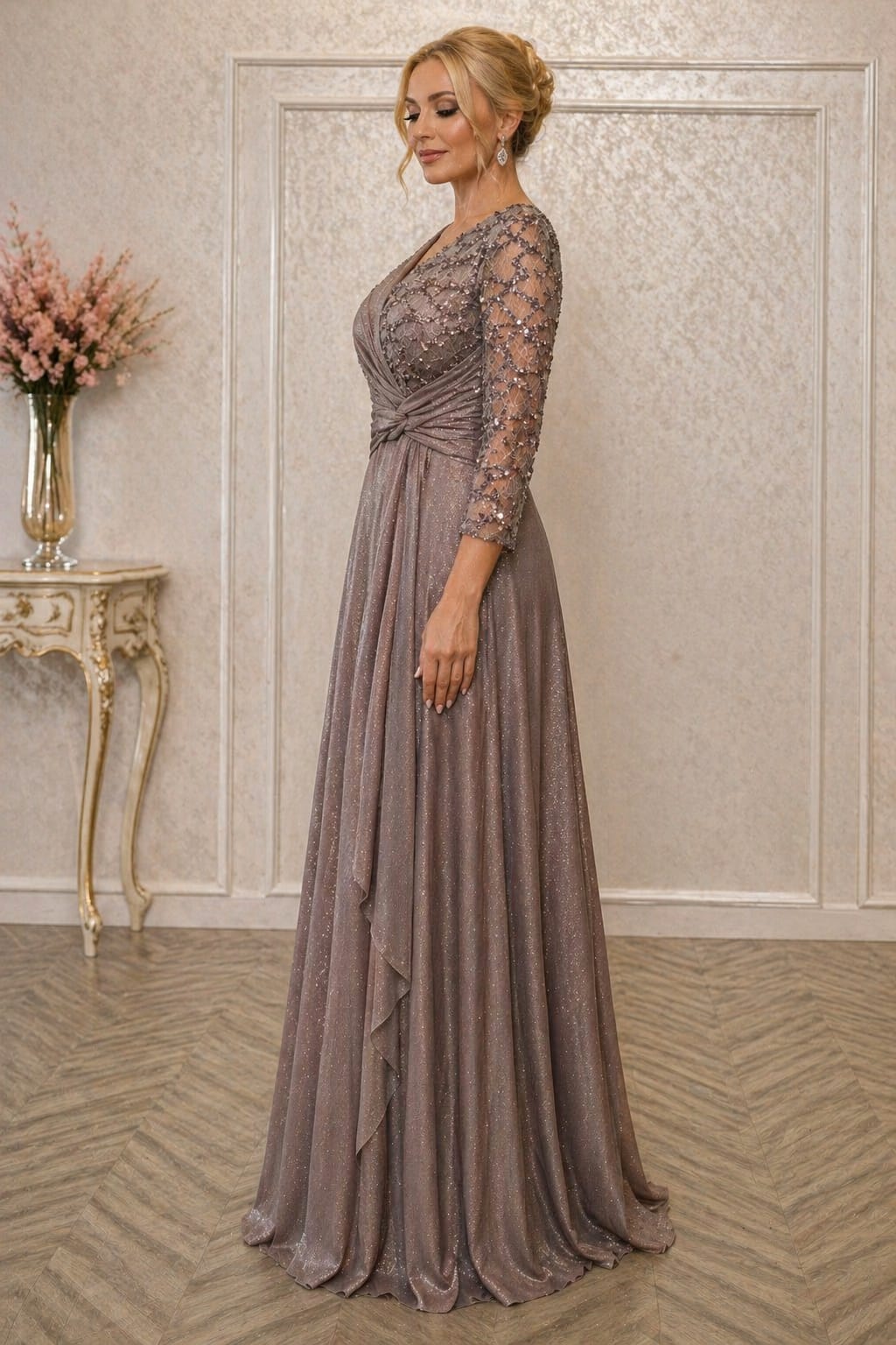 Rochie Bella Lux Eleganta din Voal Sclipitor – Maneci 3/4, Croiala Fluida, Efect de Subtiere