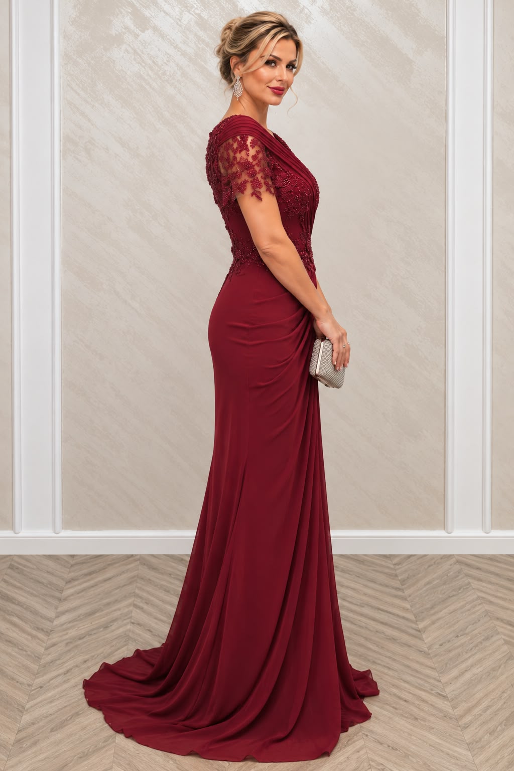 Rochie Maxer Eleganta cu Dantela Brodata si Trena – Negru/Bordo