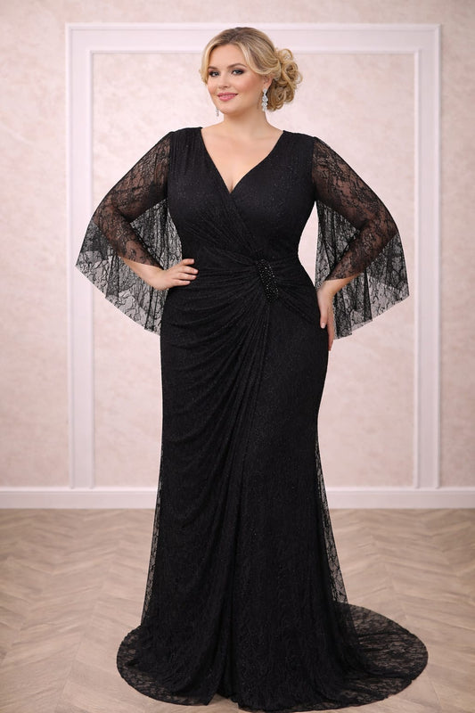 Rochia Lana – Rochie eleganta lunga neagra din dantela Chantilly plus size, croi sirena