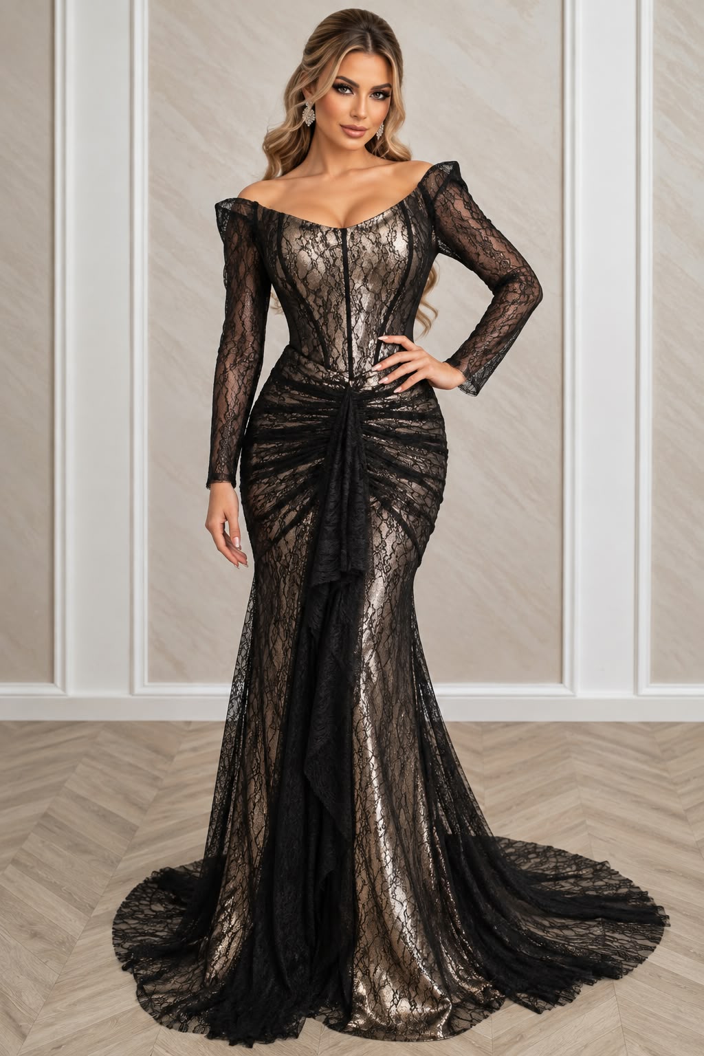 Rochie Tamari Sirena cu Corset din Dantela Chantilly si Trena - Negru Auriu