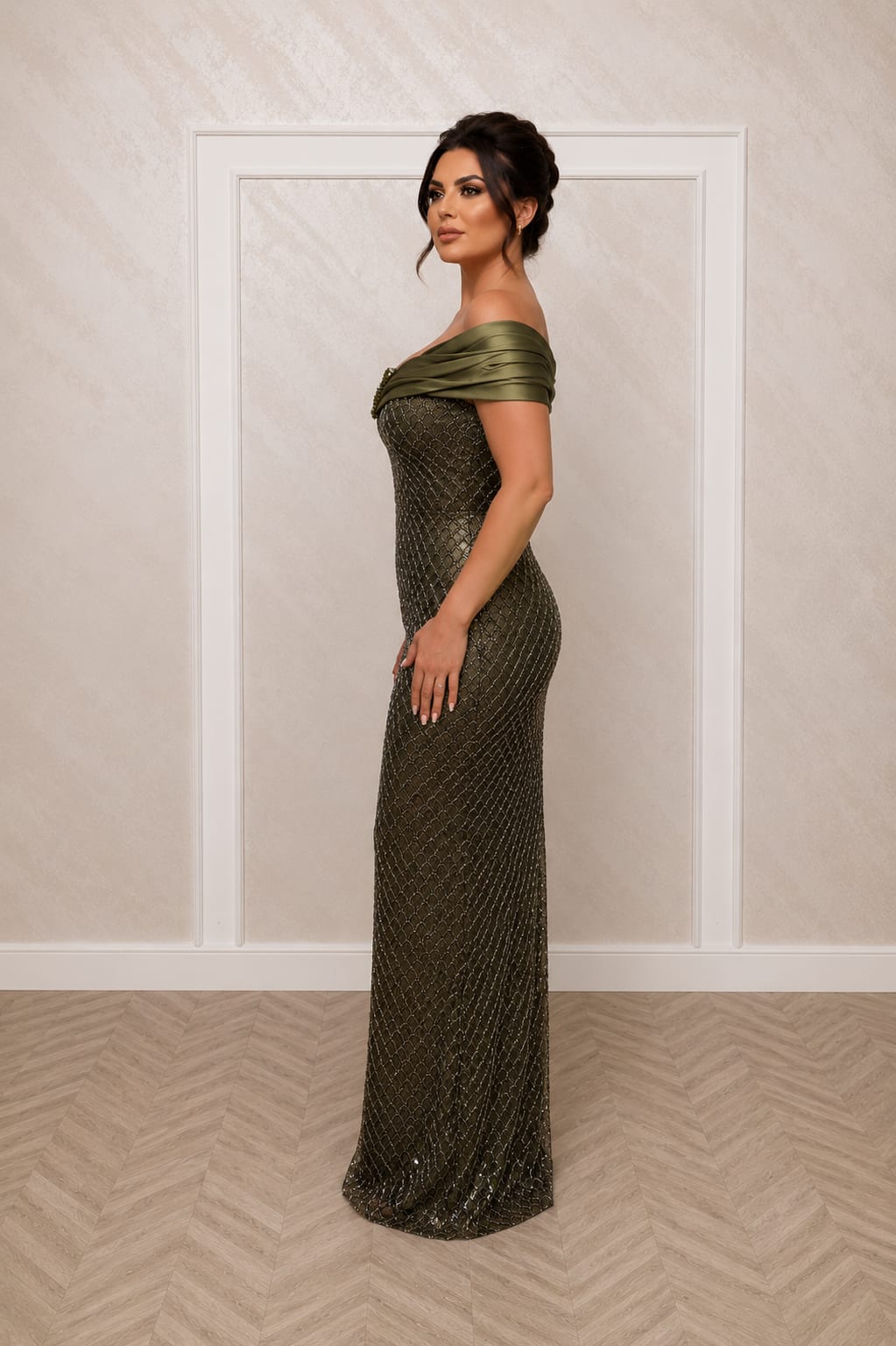 Rochia Zeila - rochie din dantela cu perle si bretele off the shoulder corset reglabil
