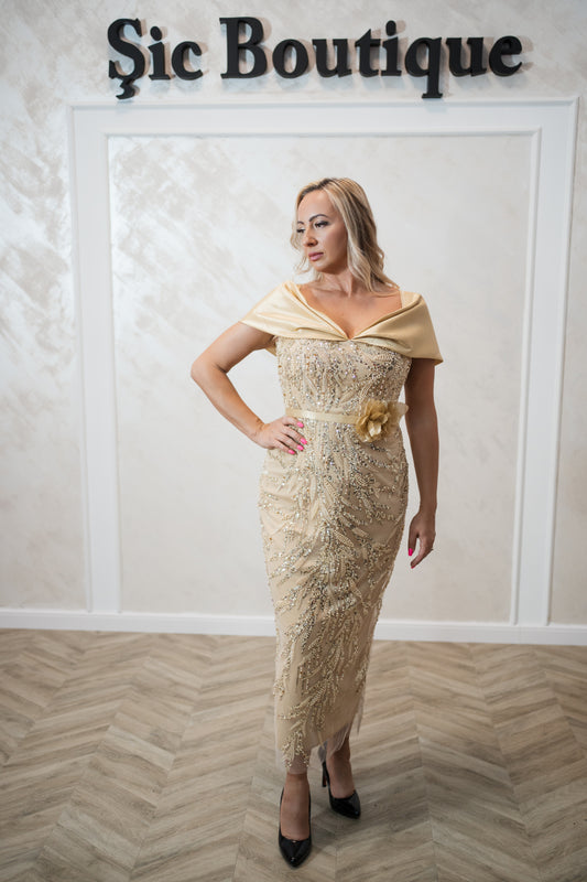 Rochia Marga-Rochie de seară elegantă, stil clasic, cu aplicații din perle și cristale – Auriu Champagne