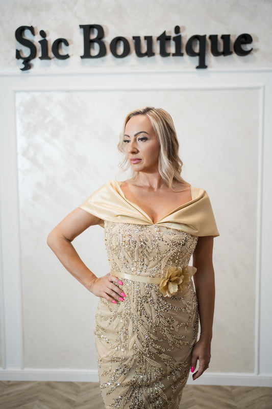 Rochia Marga-Rochie de seară elegantă, stil clasic, cu aplicații din perle și cristale – Auriu Champagne