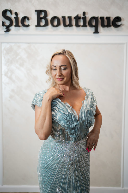 Rochia Josie-Rochie de seară din perle – verde mentă, ușoară și elegantă