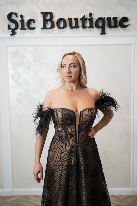 Rochia Andora-Rochie de seară nude-negru cu pene și broderie – Eleganță rafinată și design spectaculos