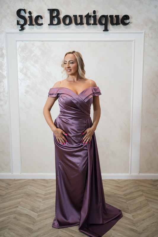 Rochia Seray-Rochie elegantă mov din crepsaten – rafinament și feminitate într-o piesă specială