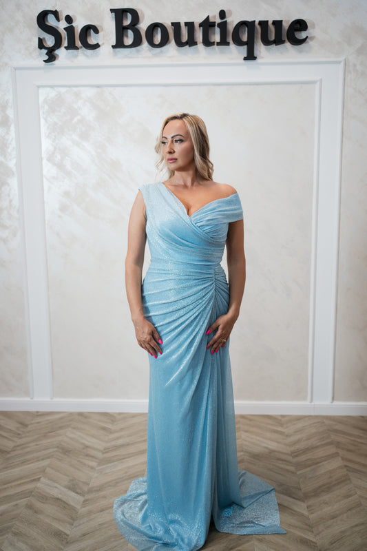Rochia Talady-Rochie de seară din voal cu sclipici și lurex – rafinament în baby blue & mov prună