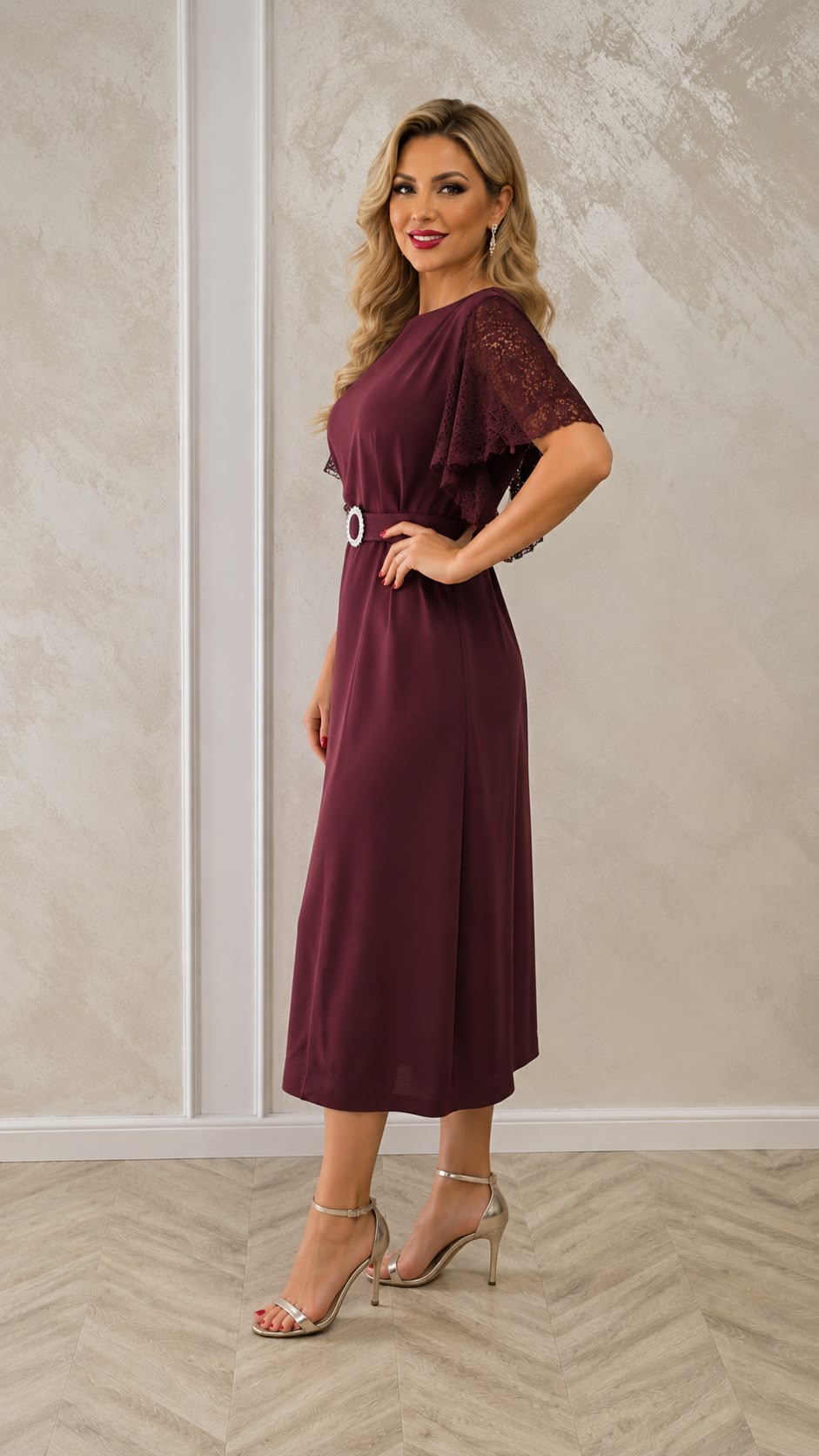 Rochia Marimar – rochie eleganta din stofa cu maneci din dantela disponibila in trei culori