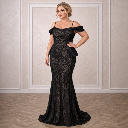 Rochia Regina – Rochie lunga eleganta din dantela si tafta, cu bretele cazute pe umeri, croi sirena