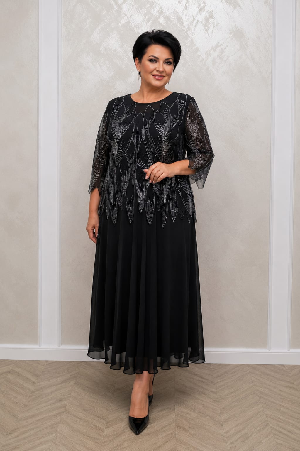 Rochia Teo Midi – Rochie midi eleganta pentru femei mature, cu cristale stralucitoare si croiala care avantajeaza silueta