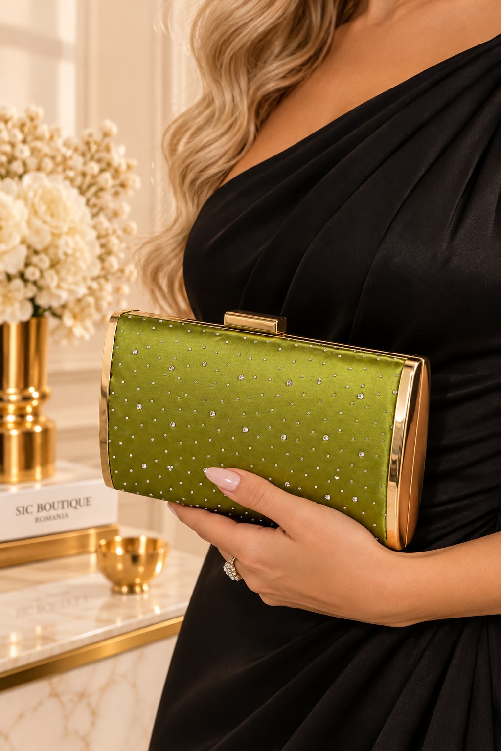 Geanta Clutch Verde Fistic cu Strasuri