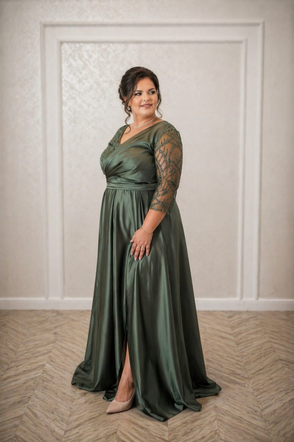Rochie Oris - Rochie eleganta lunga verde oliv din satin