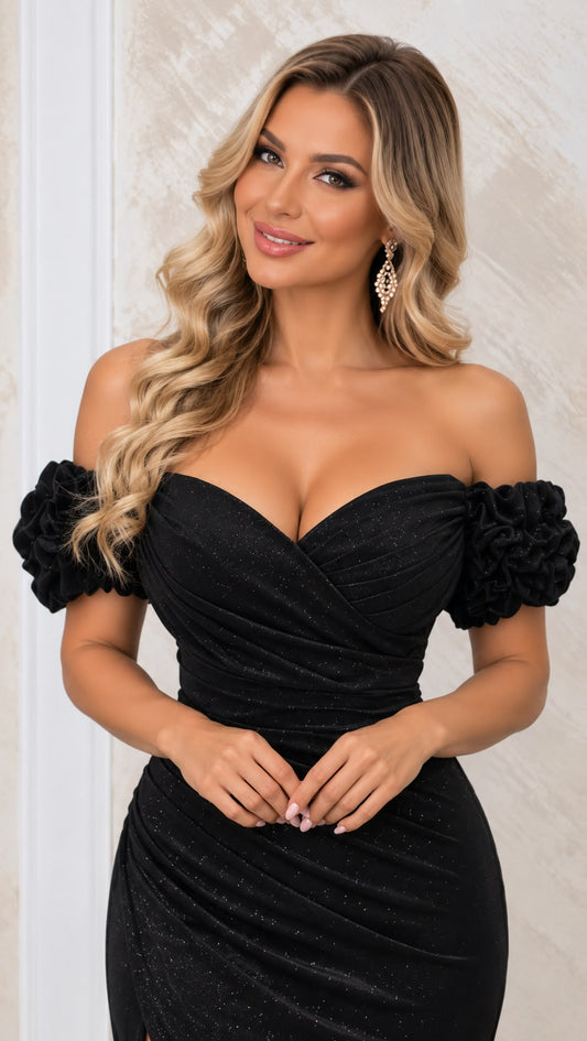 Rochia Irma lunga neagra din lurex cu corset si slit