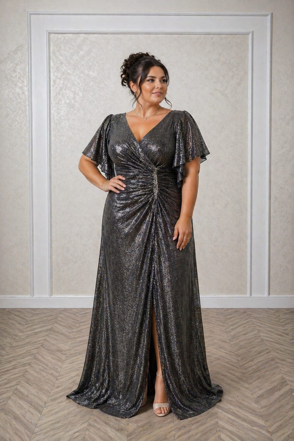 Rochie Adria – Rochie lunga eleganta cu efect metalizat, pentru siluete plus size, material usor si fluid