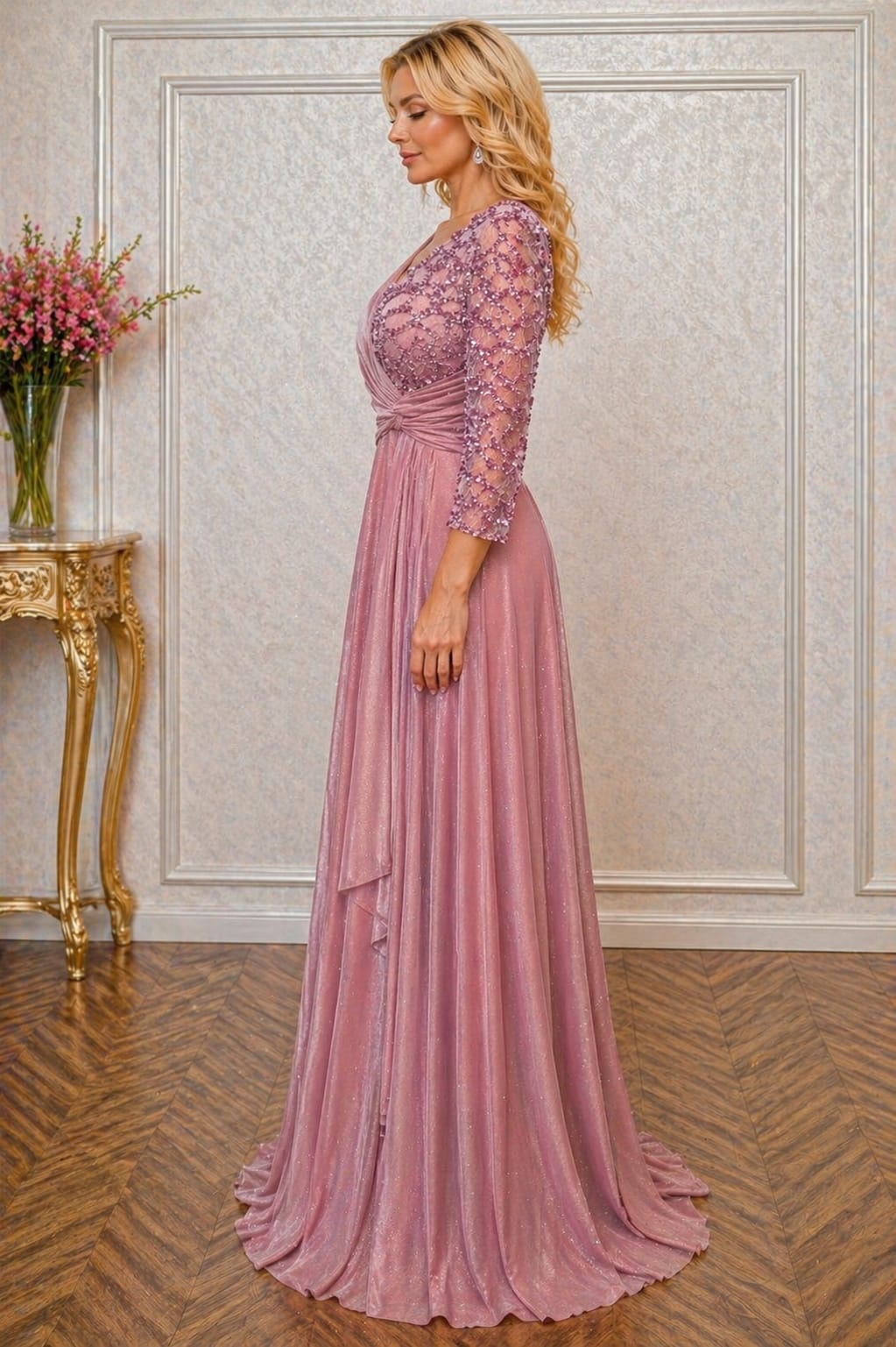 Rochie Bella Lux Eleganta din Voal Sclipitor – Maneci 3/4, Croiala Fluida, Efect de Subtiere