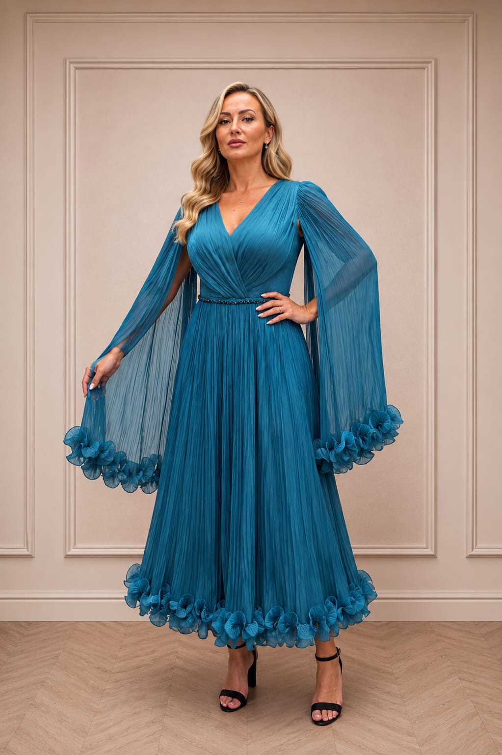 Rochia Selecta - Rochie eleganta in nuante de Fuxia , Turcoaz sau Ciocolatiu din matase artificiala cu maneci vaporoase