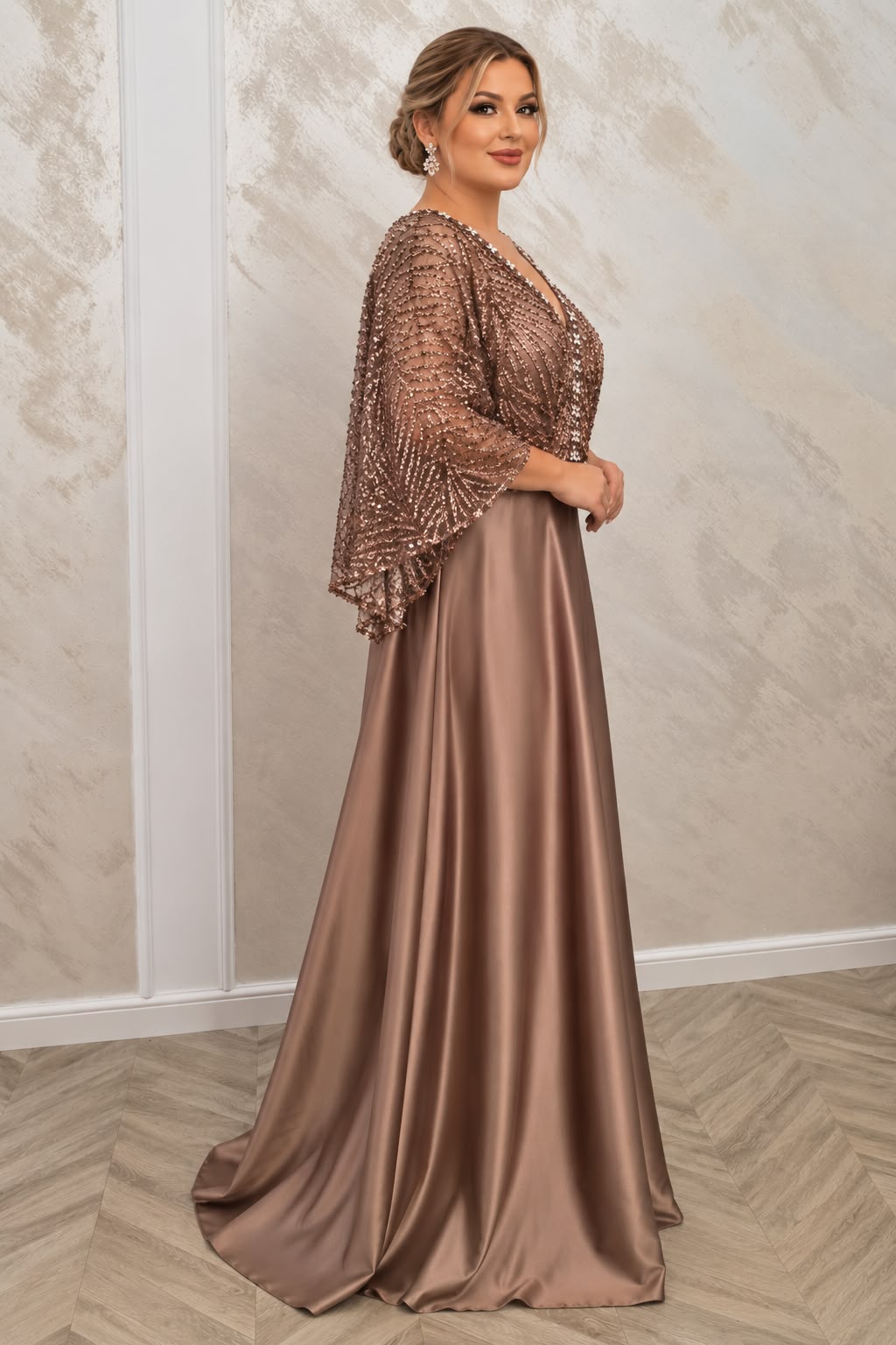Rochia Denize Rochie lunga din satin cu dantela paietata si maneci tip capa