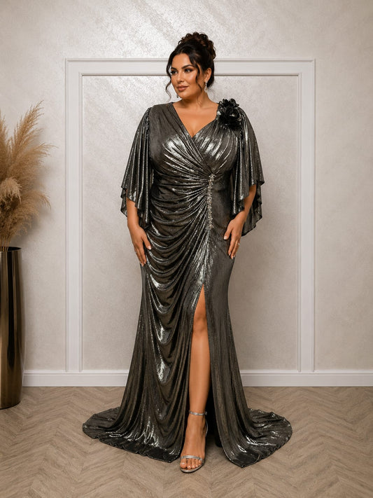 Rochie Marisa – rochie lunga material elastic cu drapaje si maneci, model care avantajaza marimile plus size