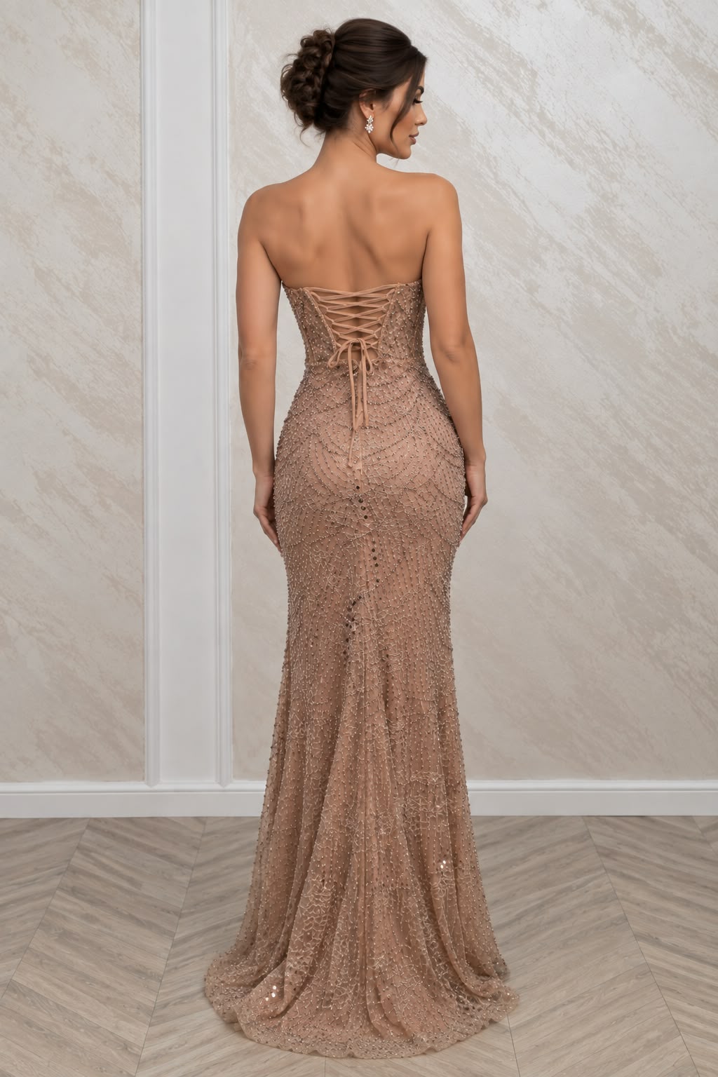 Rochie Adelle lunga cappuccino cu corset si cristale
