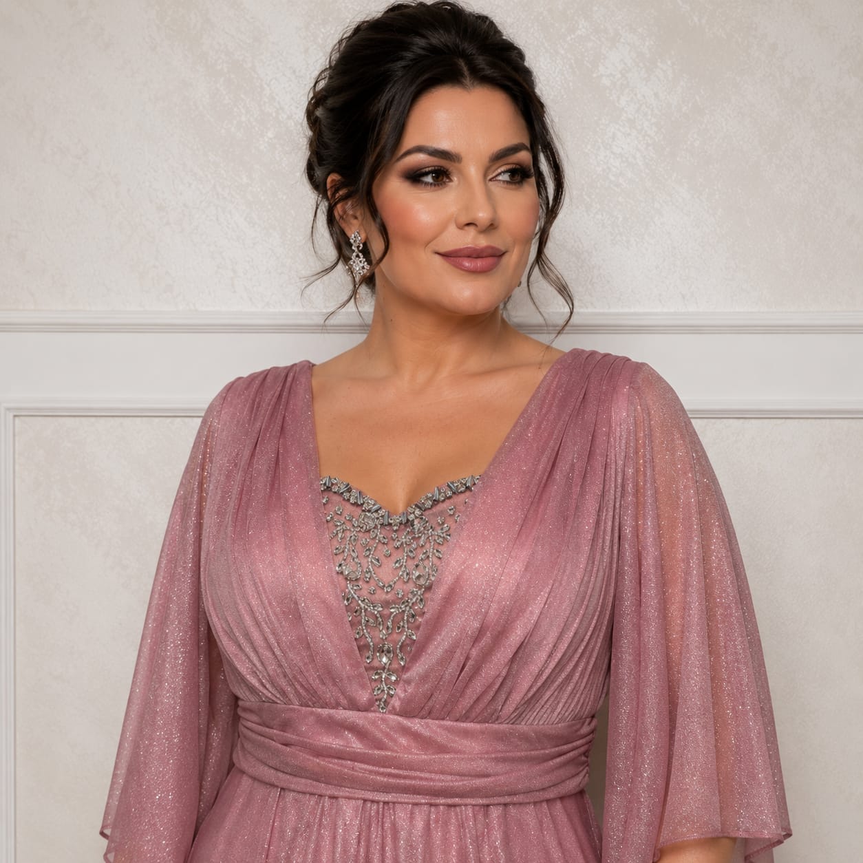 Rochie Bella Nou -Din voal sclipitor cu maneci fluide croi care subtiaza silueta nuante diferite