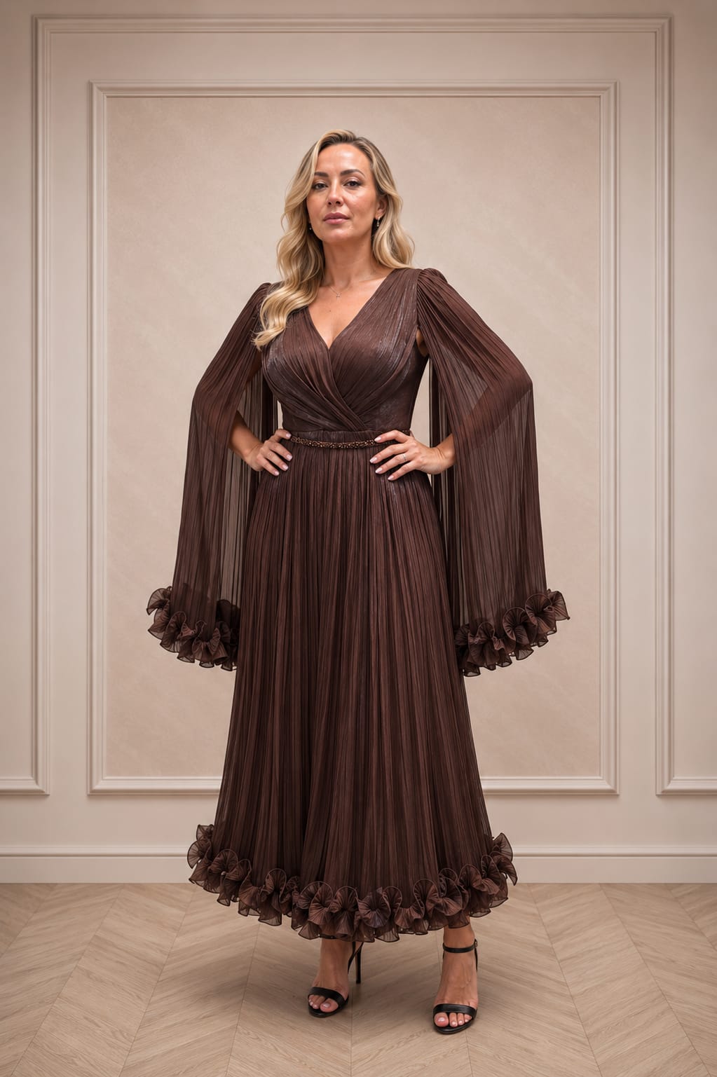 Rochia Selecta - Rochie eleganta in nuante de Fuxia , Turcoaz sau Ciocolatiu din matase artificiala cu maneci vaporoase