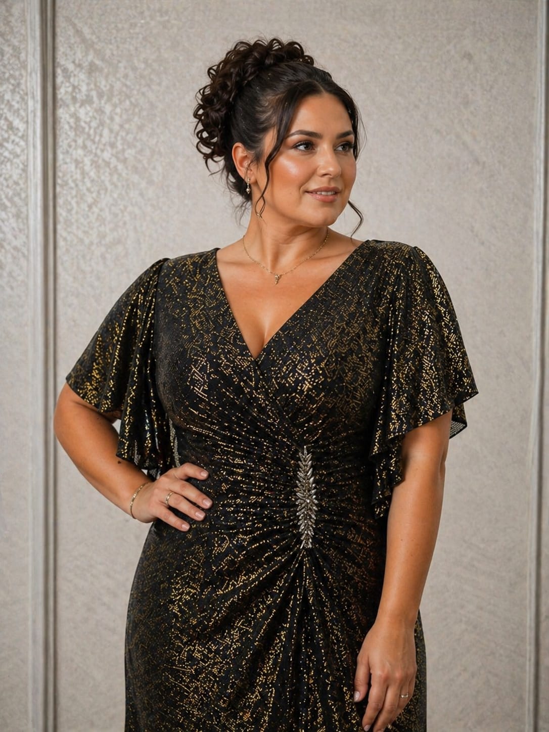 Rochie Adria – Rochie lunga eleganta cu efect metalizat, pentru siluete plus size, material usor si fluid