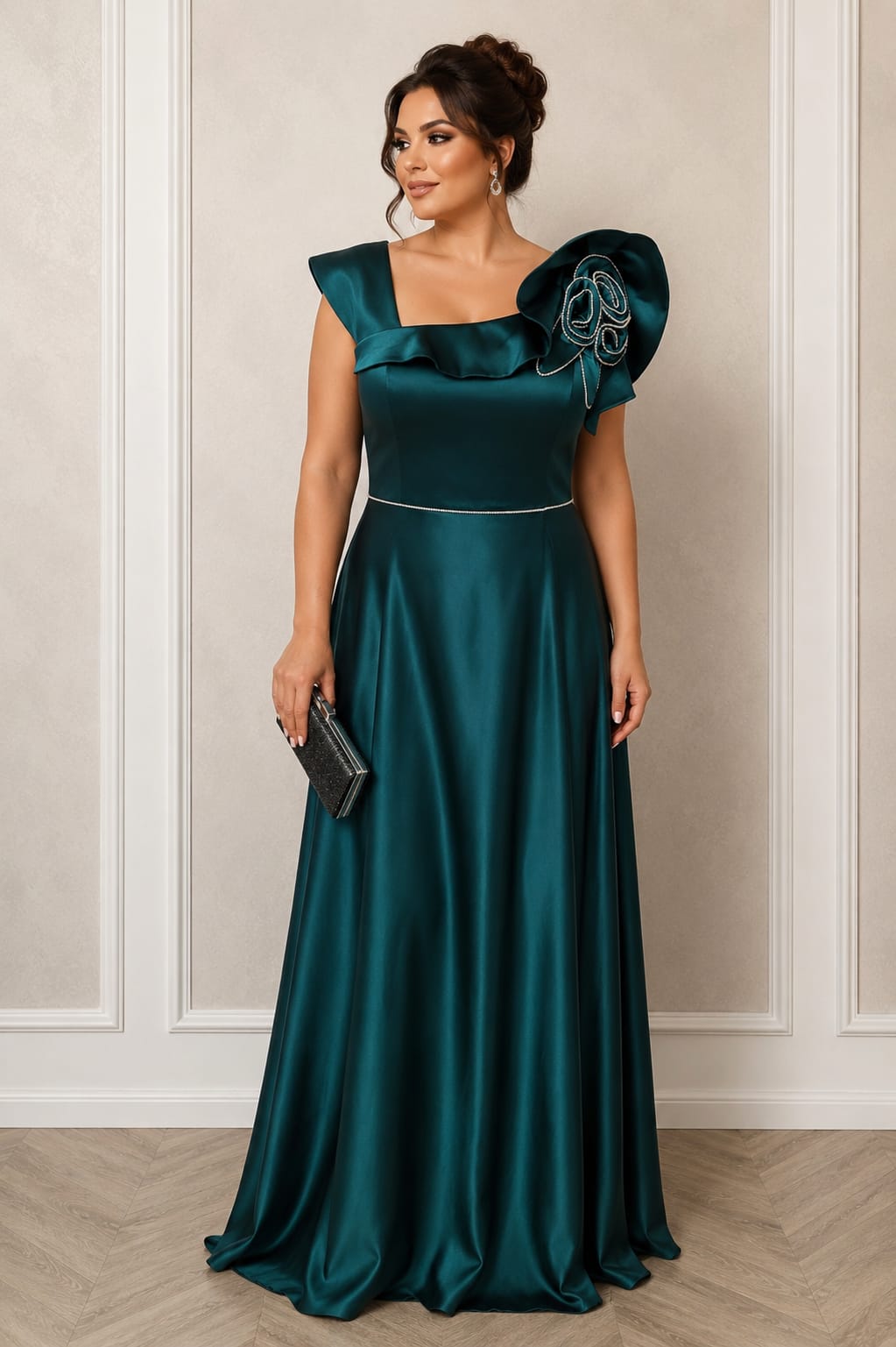 Rochia Naomi – rochie lunga pentru evenimente satin premium in nuante de verde smarald si baby blue