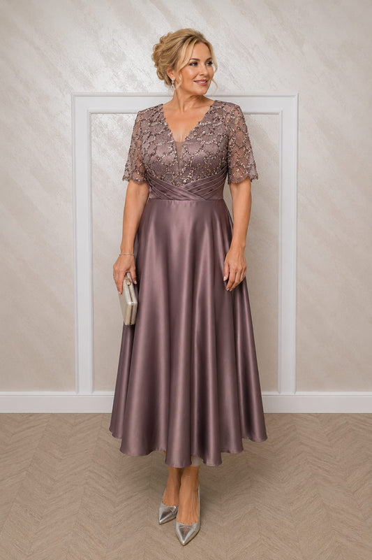 Rochia Luana Midi - Rochie din satin si dantela lungime midi pentru masuri medii si plus size