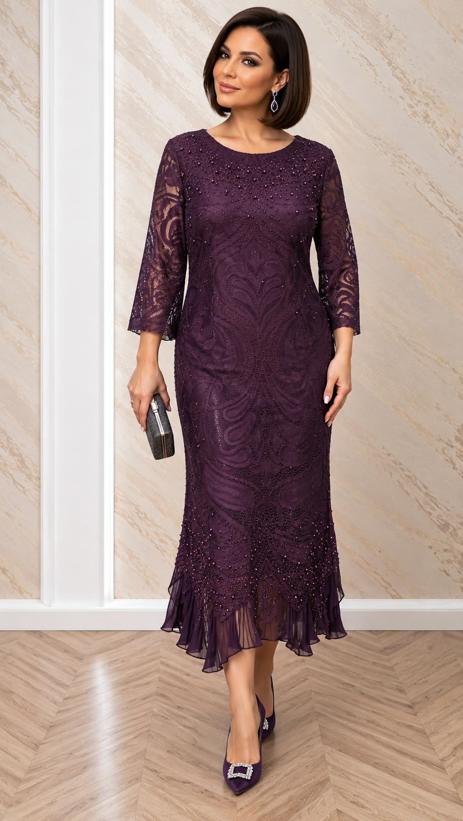 Rochie Marika midi din dantela cu maneci – bleumarin, negru si purpuriu