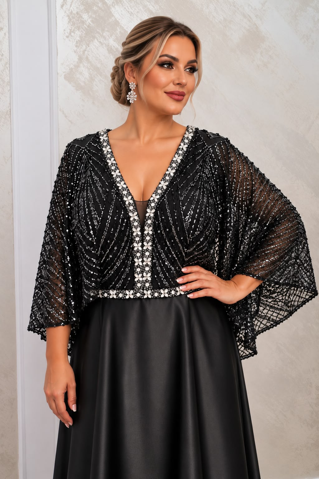 Rochia Denize Rochie lunga din satin cu dantela paietata si maneci tip capa