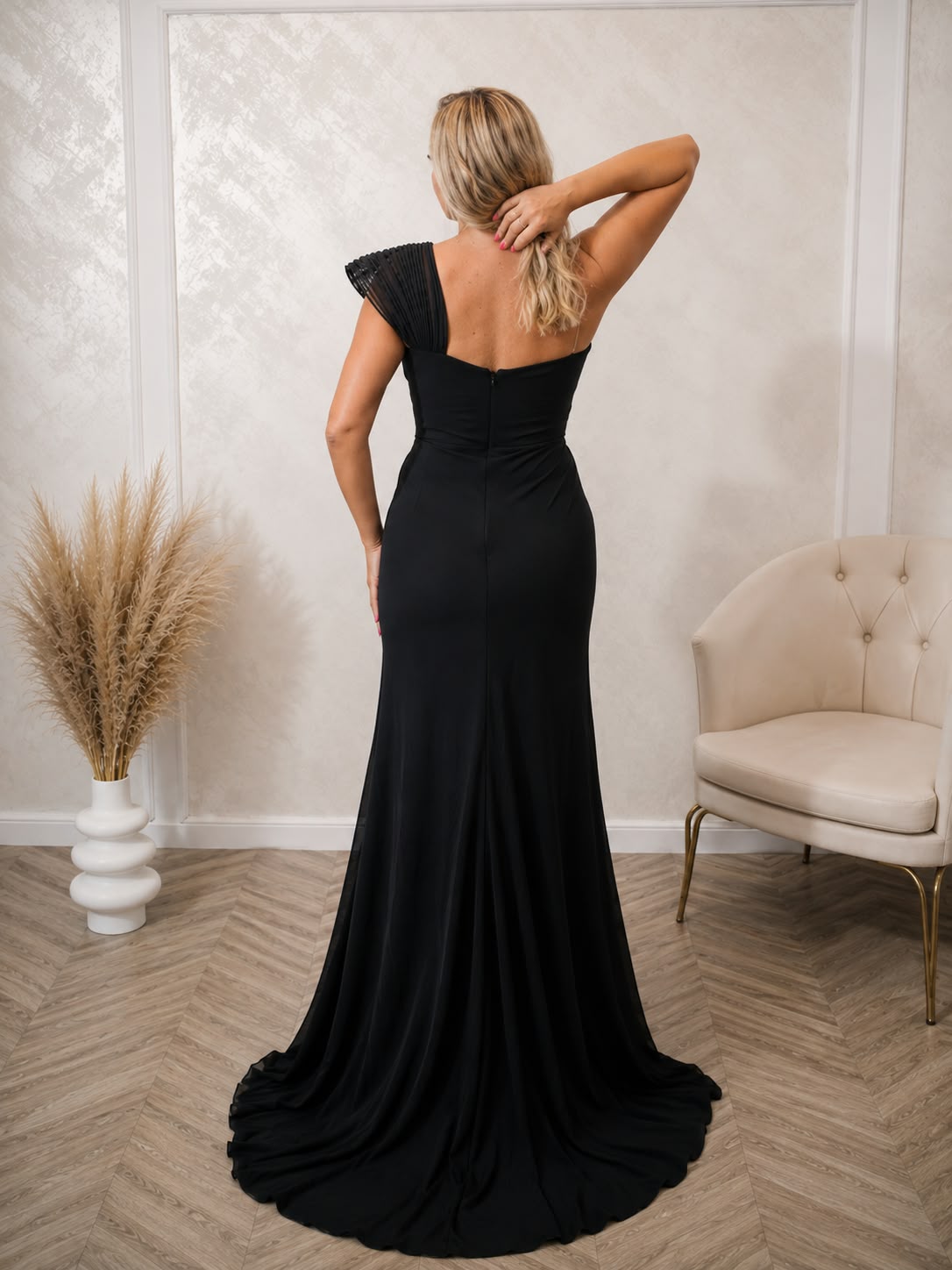 Rochia Andora - Rochie de seara neagra lunga din voal plisat