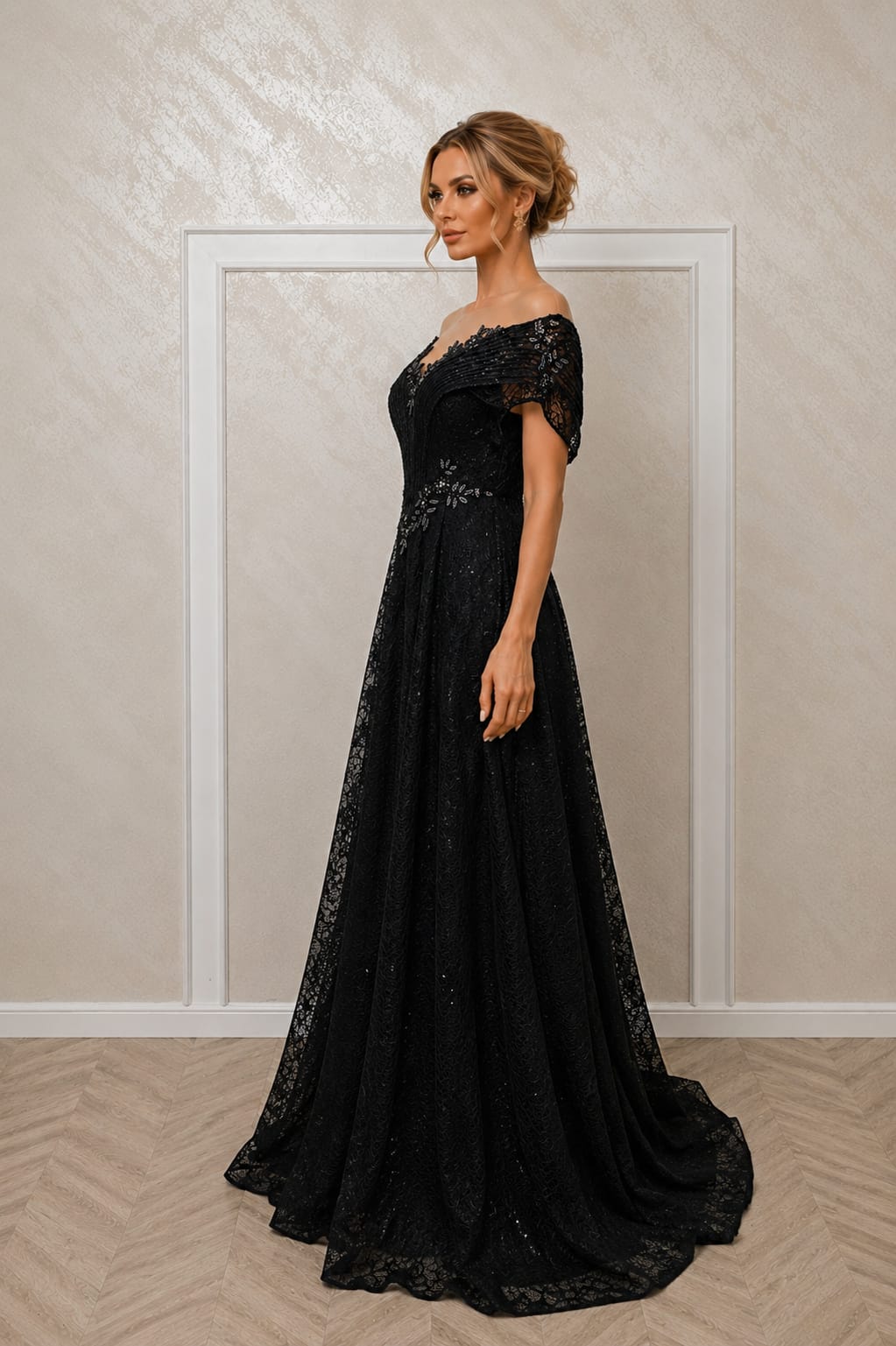 Rochia Dantele - Rochie de ocazie roz pudra / negru – eleganta atemporala din dantela cu Bretele Off Shoulder