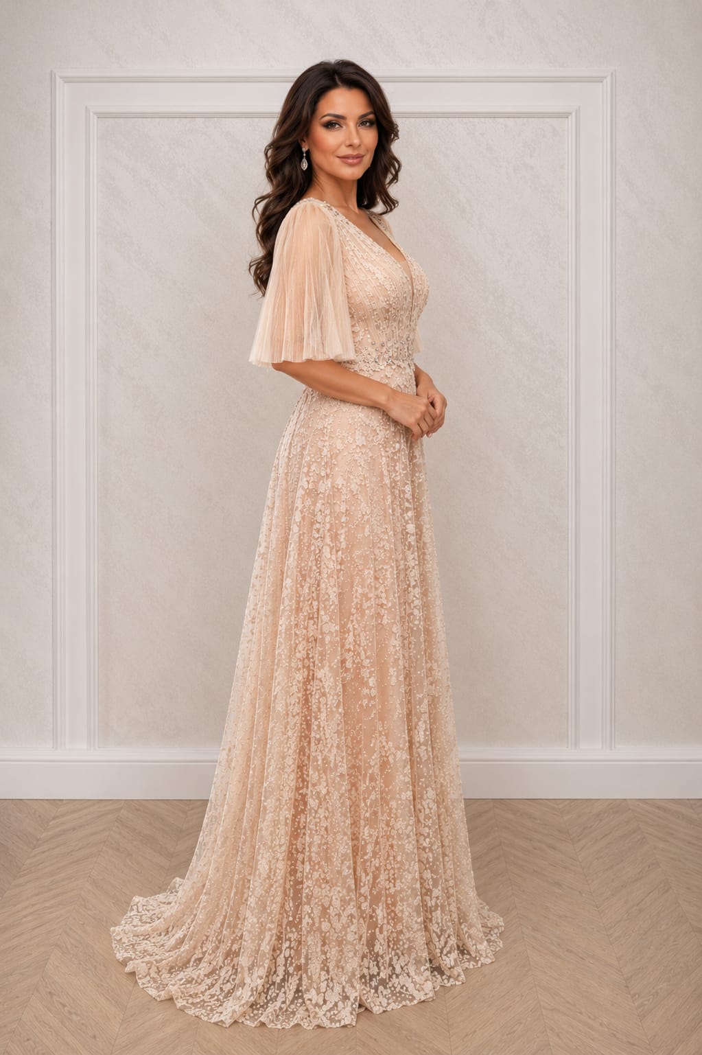 Rochia Reset - Rochie de seara lunga nude champagne cu broderie stralucitoare