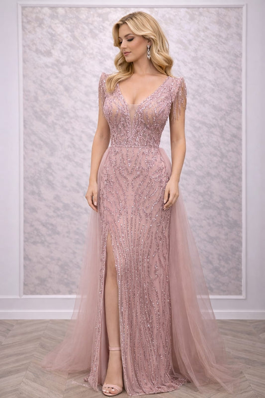 Rochia Nora – Rochie de seara sirena cu slit si trena din tull
