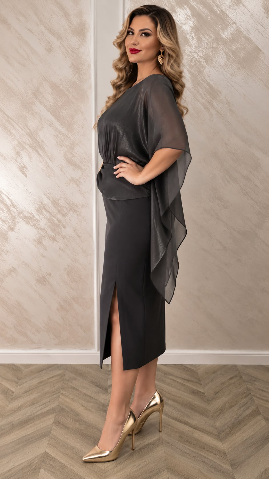 Rochie Anastasia eleganta midi cu bolero din organza pentru marimi medii si mari