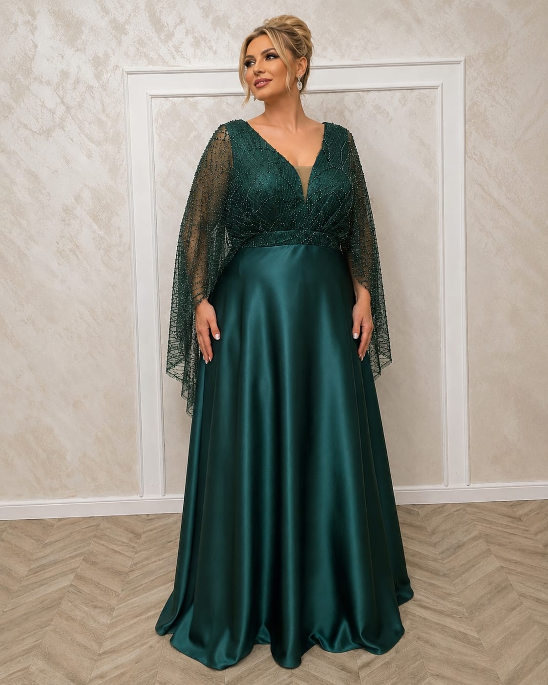 Rochia Luxo - Rochie lunga din satin si maneci fluide din dantela disponibile in mai multe nuante