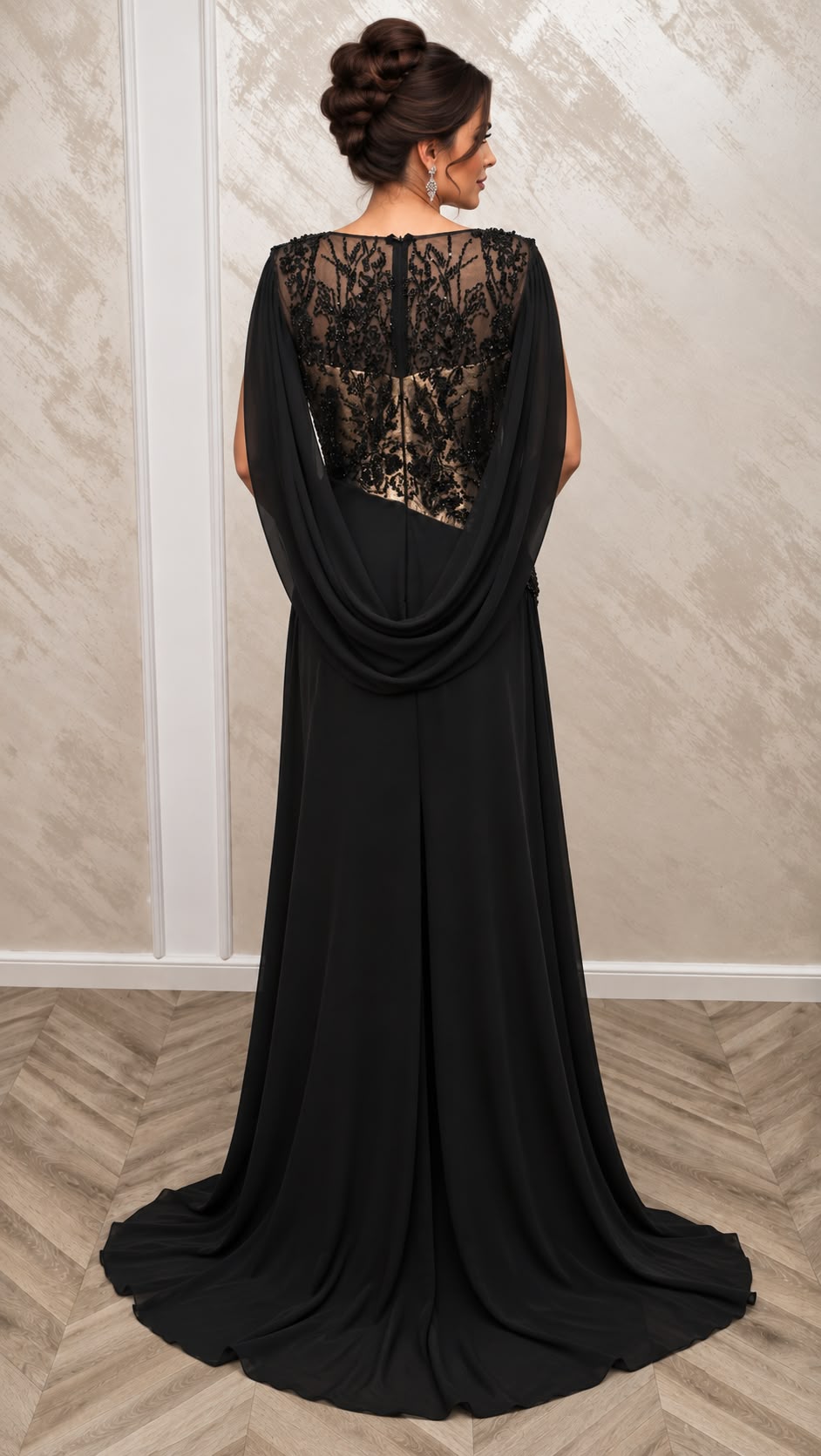 Rochia Sandra - rochie lunga neagra de seara cu insertii aurii