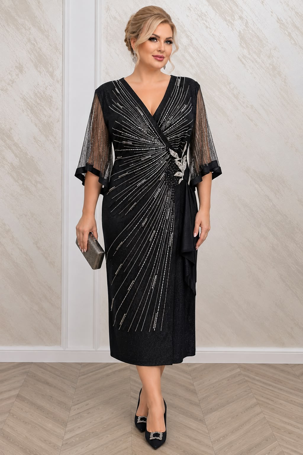 Rochie Victoria midi neagra cu cristale - marimi mari