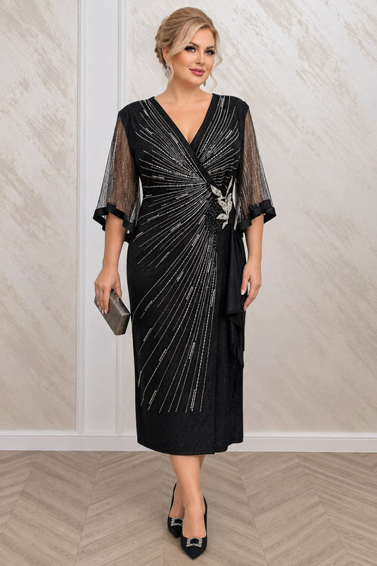 Rochie Victoria midi neagra cu cristale - marimi mari