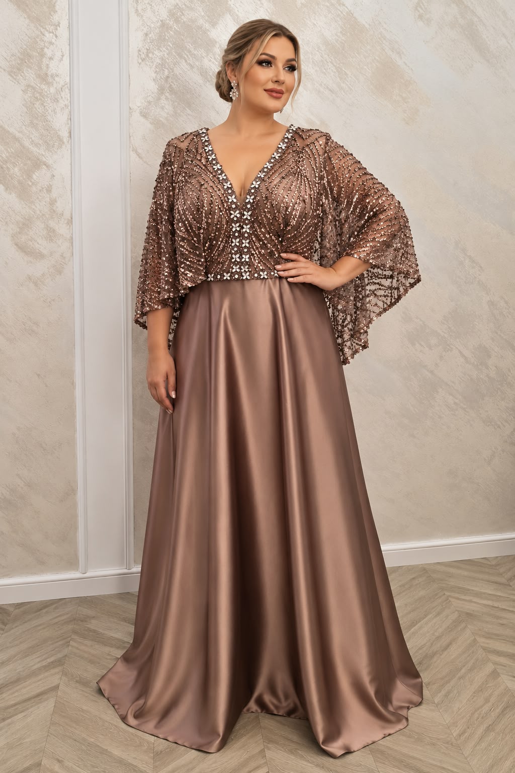 Rochia Denize Rochie lunga din satin cu dantela paietata si maneci tip capa
