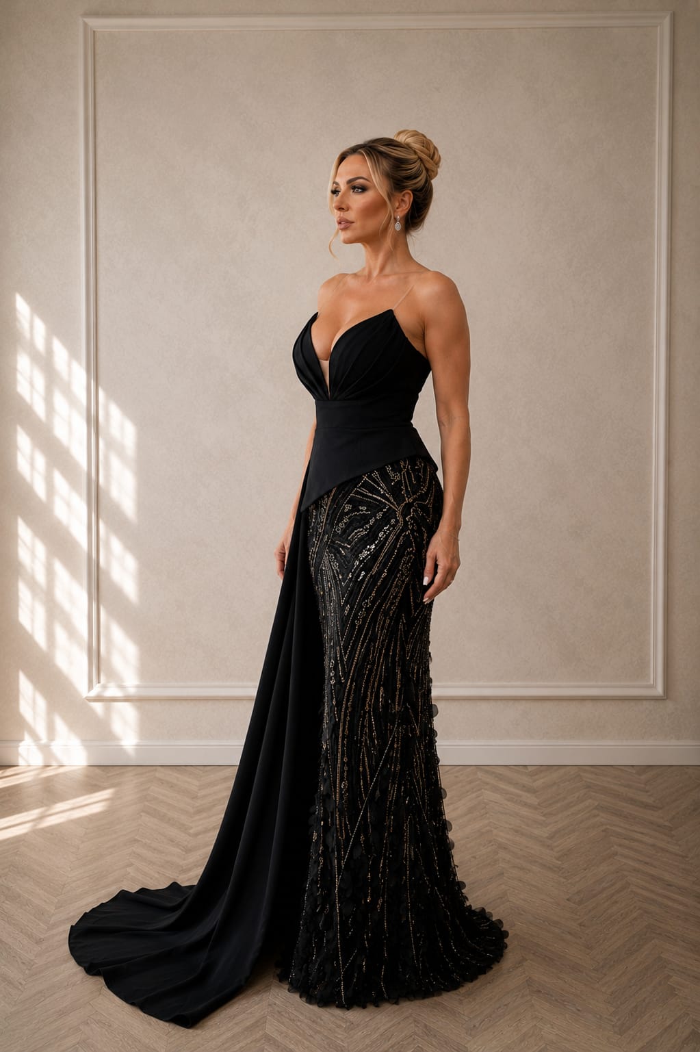 Rochie de Seară Ianis – Rochie lunga neagra cu insertii de auriu , corset asimetric cu decolteu generos