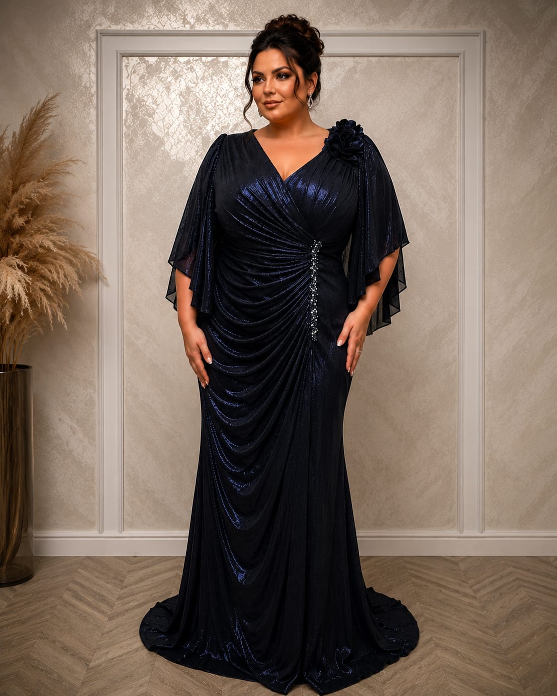 Rochie Marisa – rochie lunga material elastic cu drapaje si maneci, model care avantajaza marimile plus size