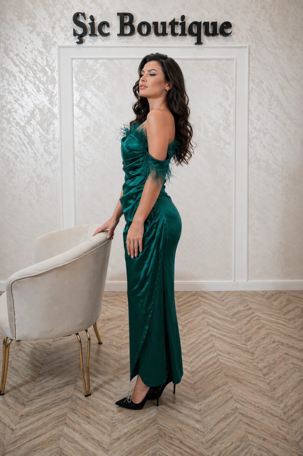Rochia Georgia - rochie eleganta midi verde smarald din satin