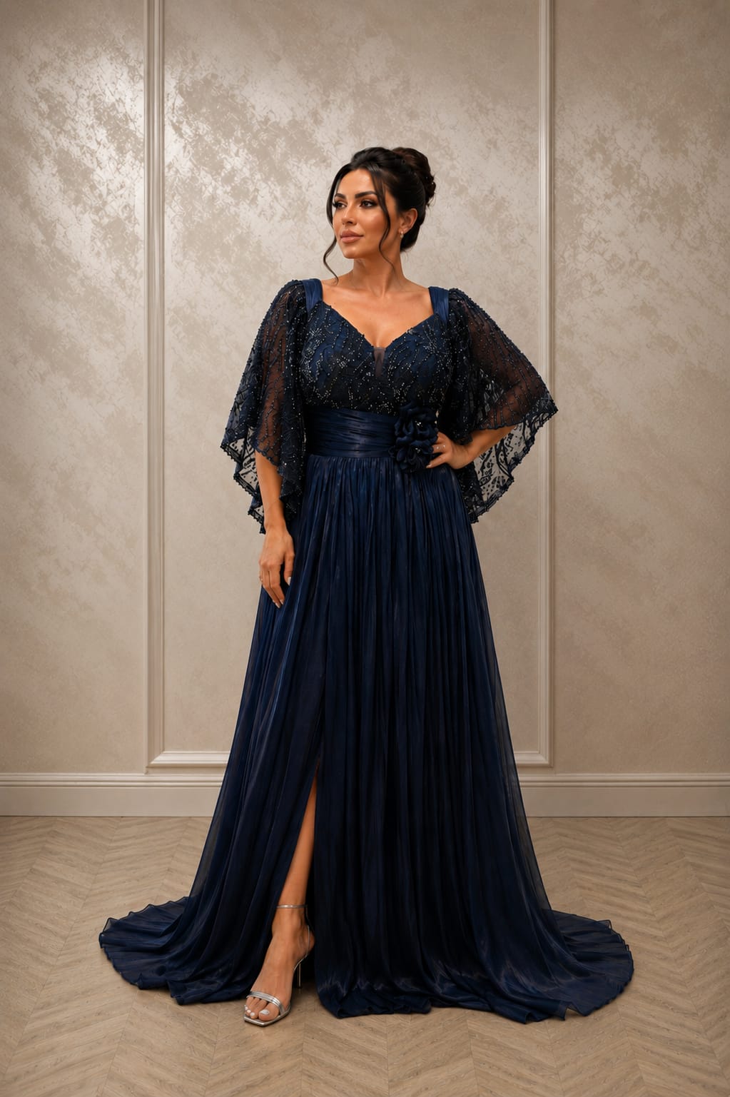 Rochie Elegantă Nuance – Rochie din matase arificiala si dantela cu maneci supradimensionate dar vaporoase. Ediție Limitata