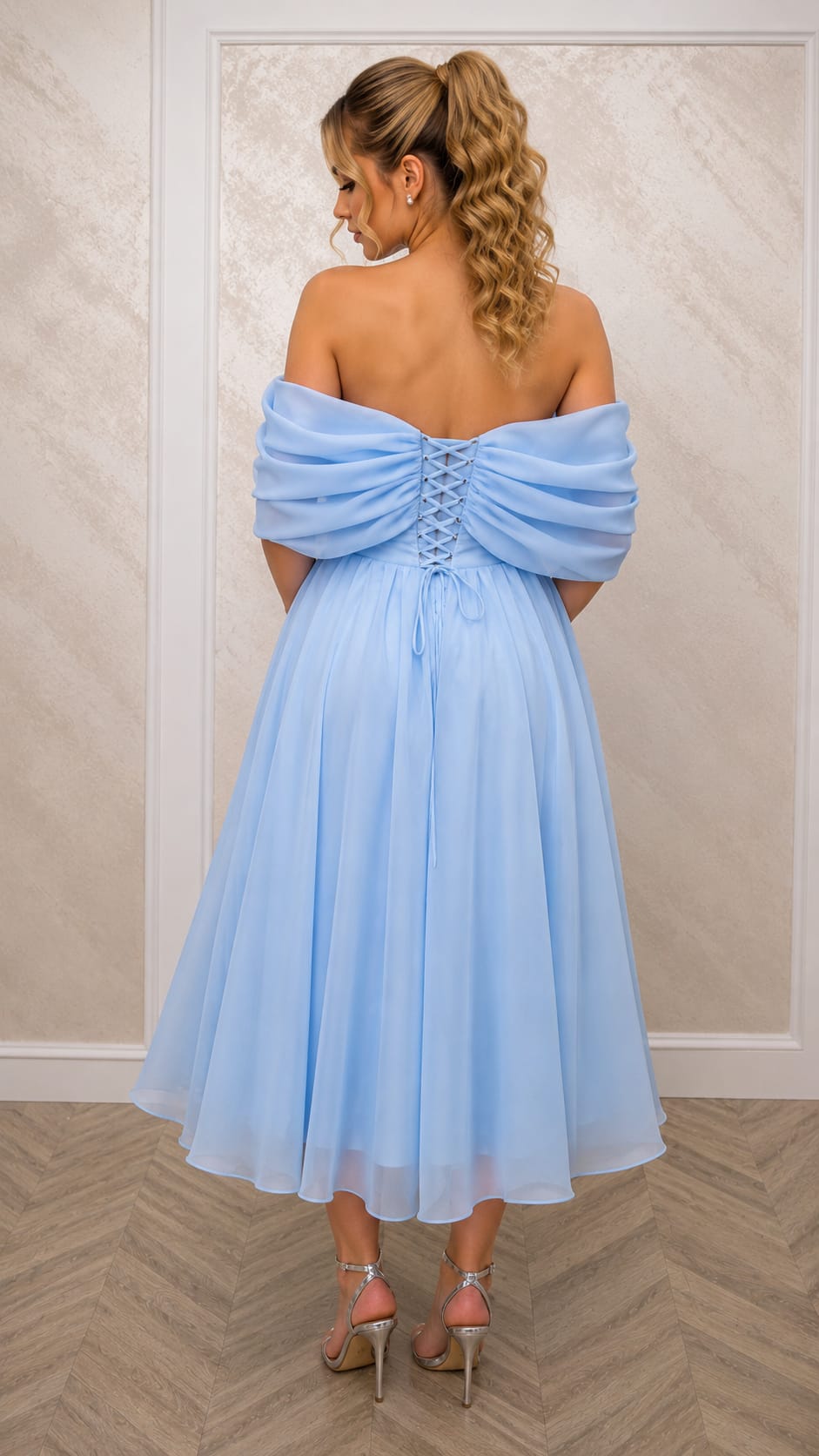Rochia Baby - rochie nuanta baby blue sau roz pudrat voal corset umeri cazuti